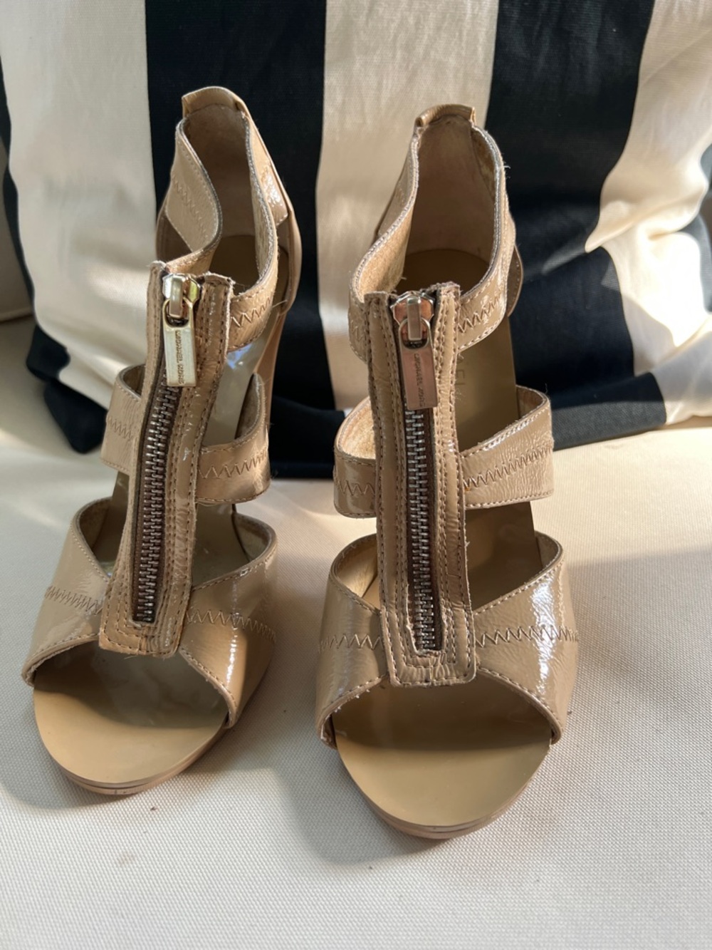 Michael Kors Beige Patent Strappy Zip Heels